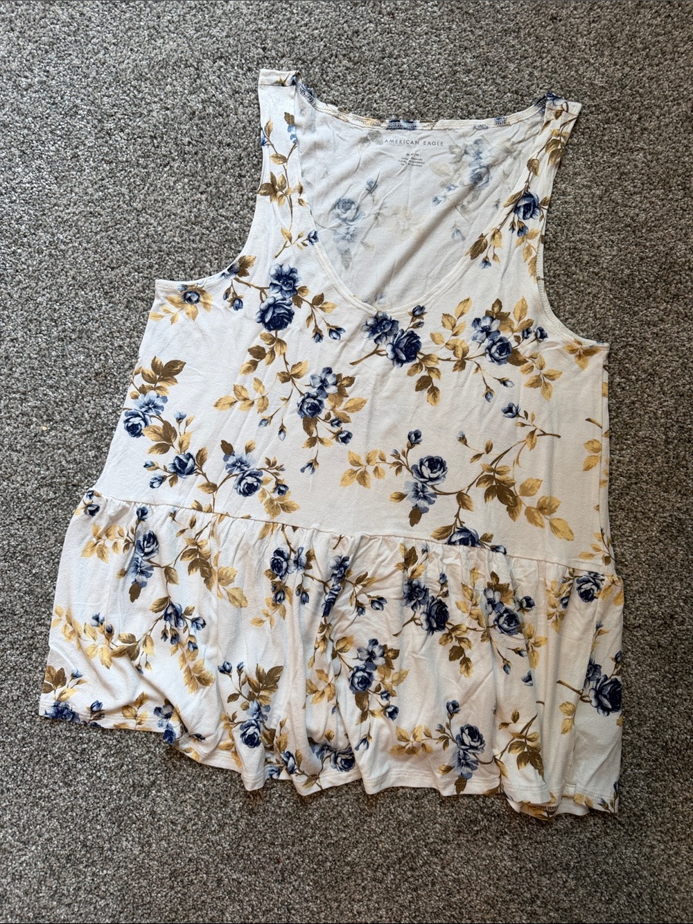 American Eagle Outfitters White Tank Top with Blue and Gold Floral Print
